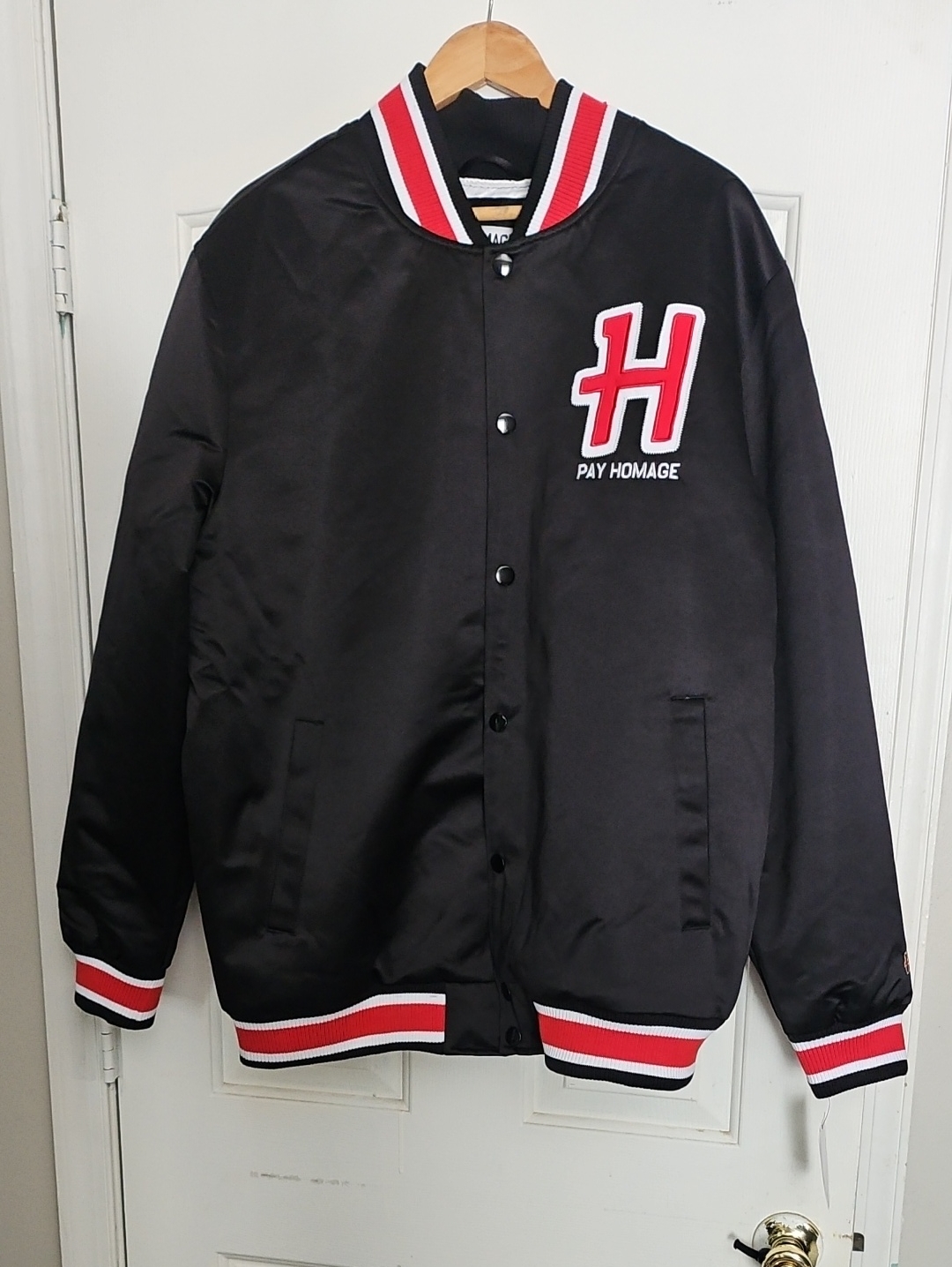 Homage Black Satin Varsity Jacket With Red & White Trim